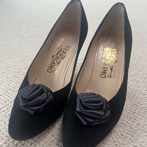 Salvatore Ferragamo black suede with satin removable rose bud clips
